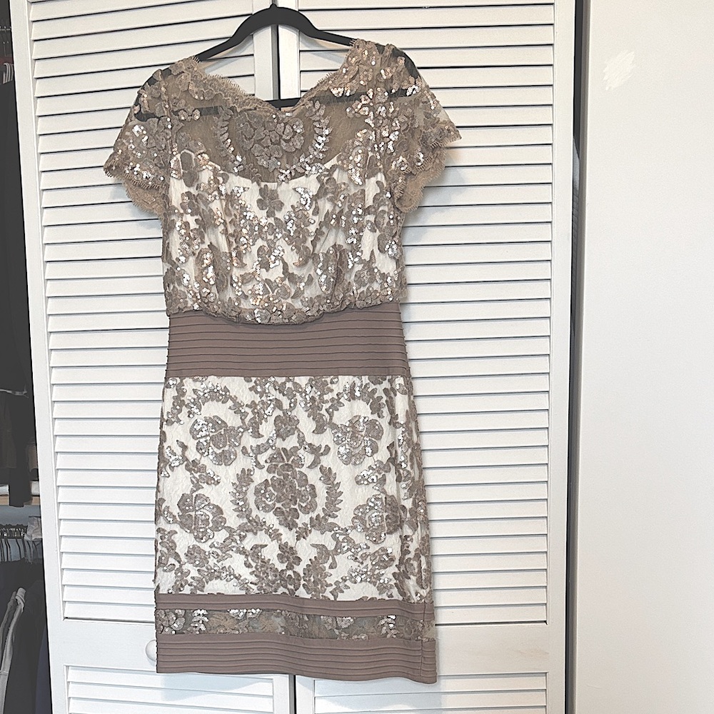 Tadashi Shoji Cream and Taupe Floral Beaded Midi Dress- Size 8 Like new